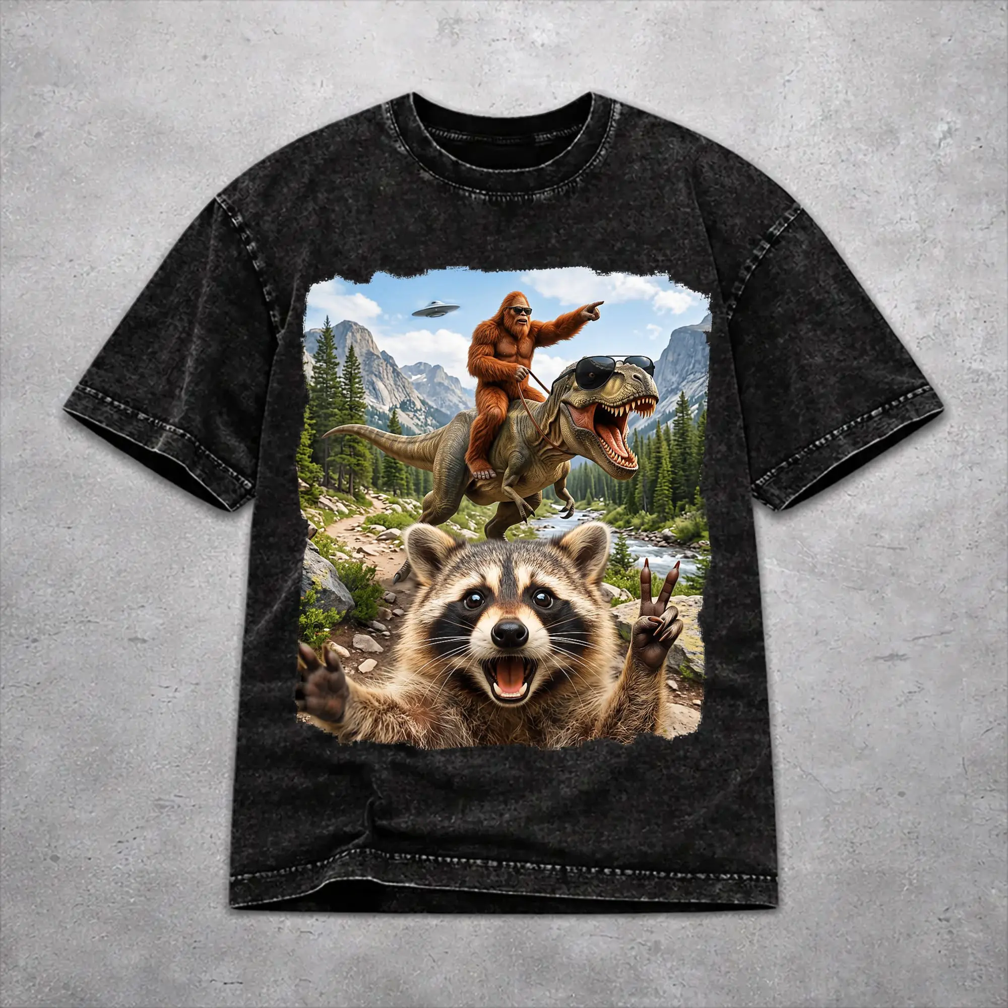 Men Women Funny Bigfoot Ride Dinosaur Raccoon Shirt Graphic Vintage Washed  Harajuku T-Shirts