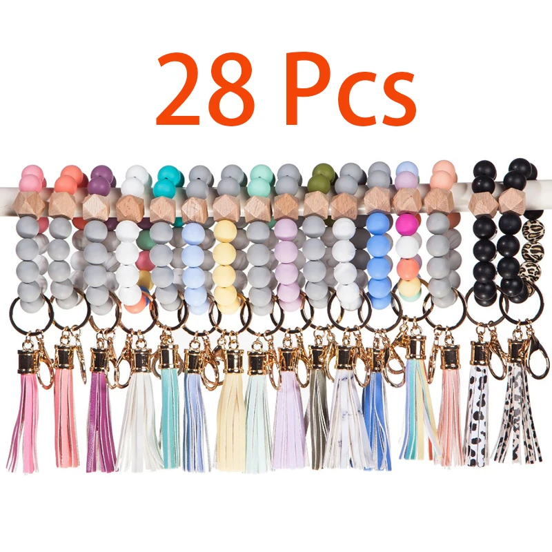 28Pcs Colorful Silicone Beads Bracelet Wooden Keychain Multicolor Optional Pendant Keyrings