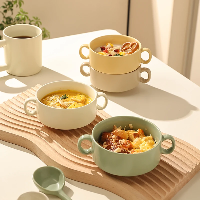 Ceramic Binaural Bowl Korean Style Solid Color Homehold Tableware Breakfast Fruit Salad Rice Soup Lunch Bowl Ramekin Kitchenware