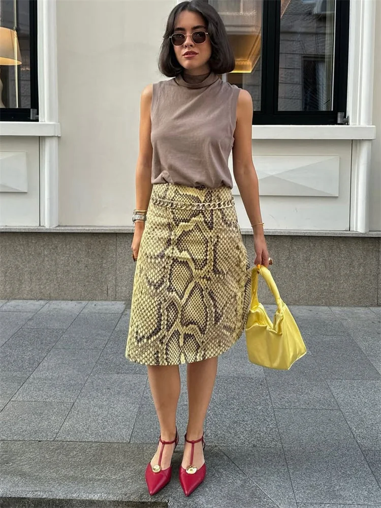 Snakeskin Printed Fashion Skirt Women's High Waist Slim Contrast Patchwork Commute Streetwear Female Vintage Y2k Skirt