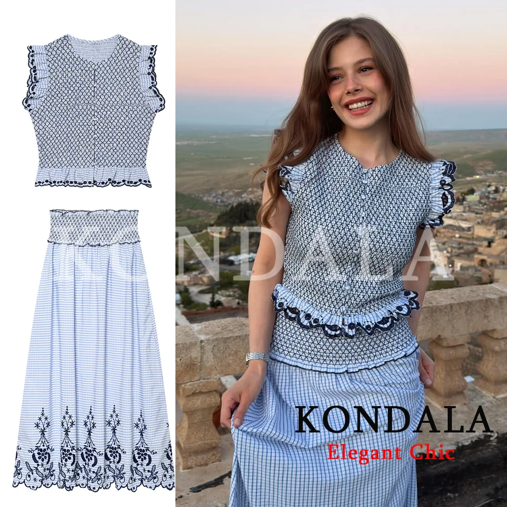 

KONDALA Women Elegant Blue Embroidery Holiday Button Vest,Plaid Midi Skirt Set 2026 Spring Summer Trendy Beach Party Mujer Set