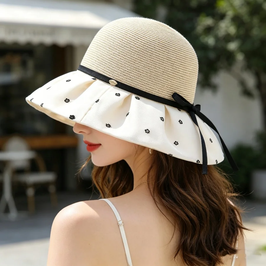Summer Breathable Spliced Chiffon Straw Hat with Bow Design, Foldable and Portable, Women's Sun Hat for Commuting, Vacation, Daily Shopping, and Photography