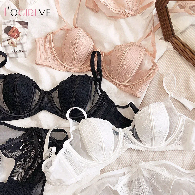 

Logirlve New French Lingerie Summer Ultra Thin Lace Sexy Push Up Bra Set Ladies Bra Deep V High Quality Lace Women Lingerie Set