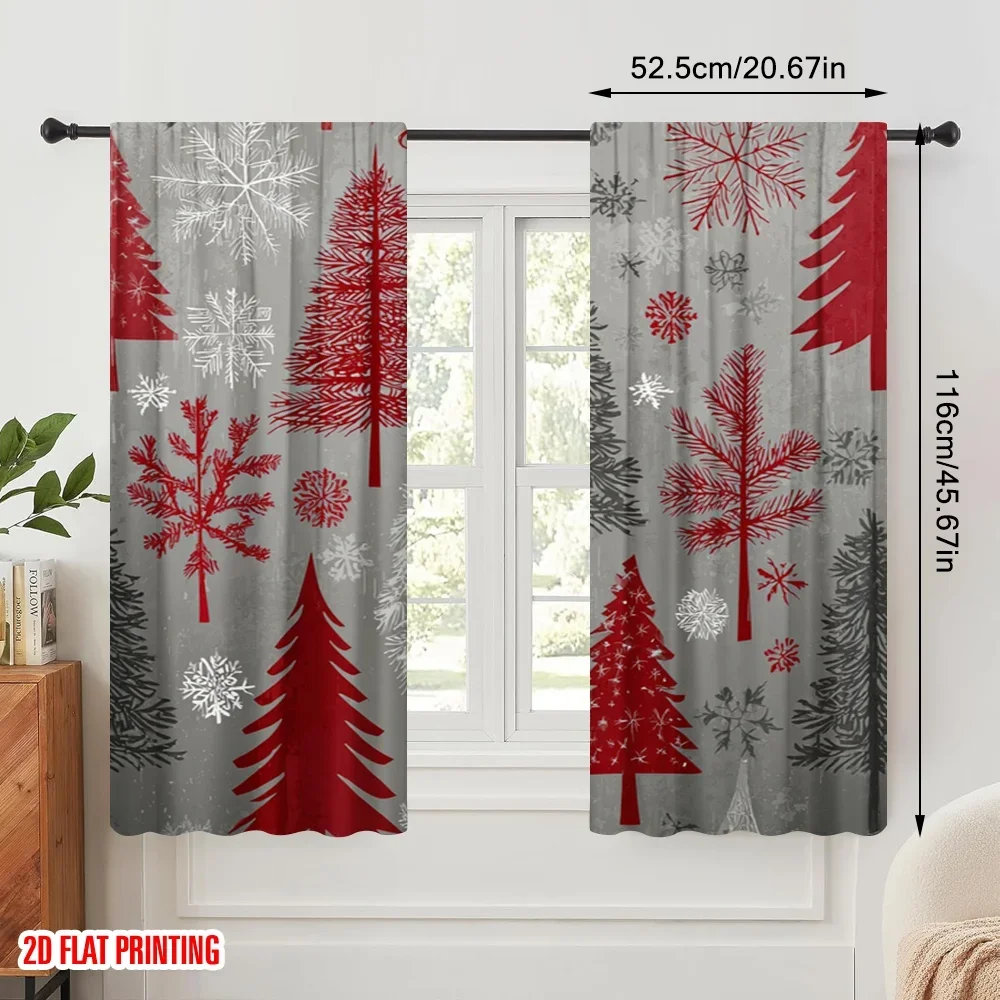 2pcs,2D plane printing Contemporary Curtains Red and grey Christmas trees with snowflakes Versatile Polyester (without rod) Art