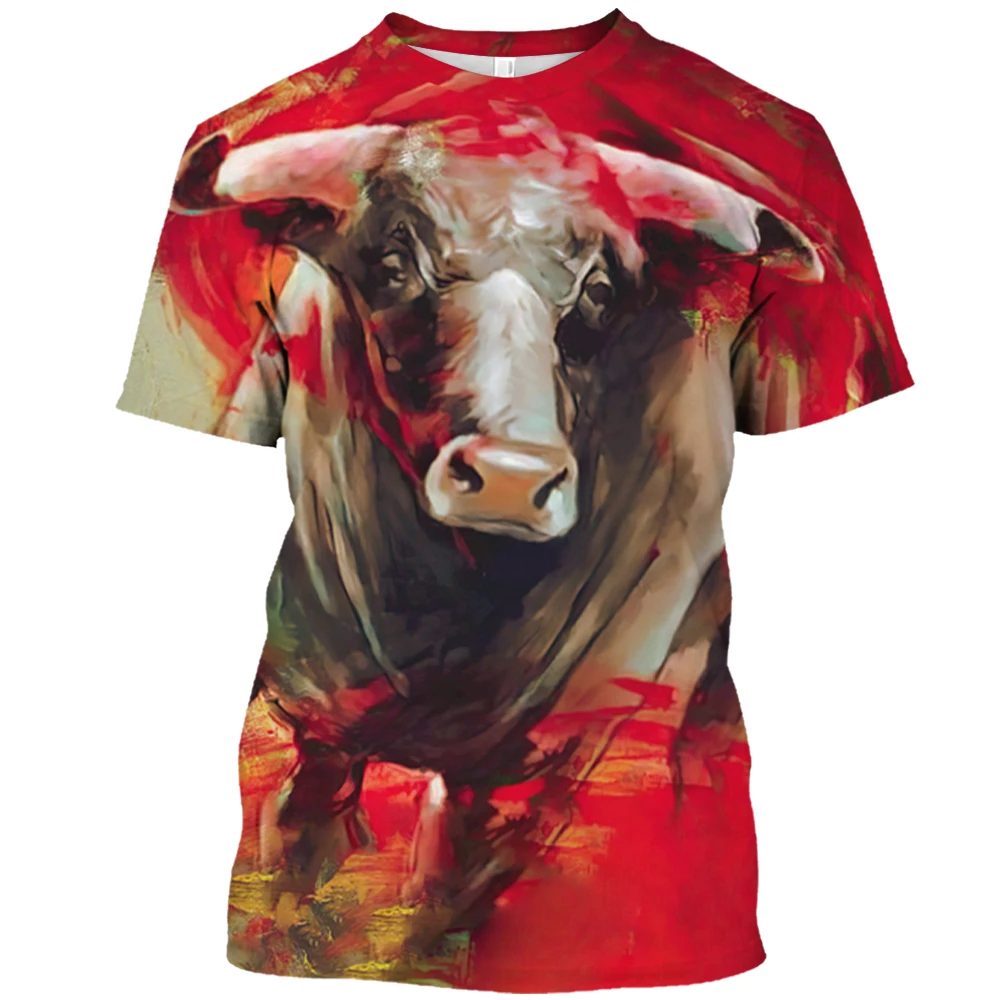 Men's T-shirt Funny Animal Cow Pattern Print Short Sleeved Bullfight Tops Tees Casual Oversized T Shirt New Streetwear Clothing