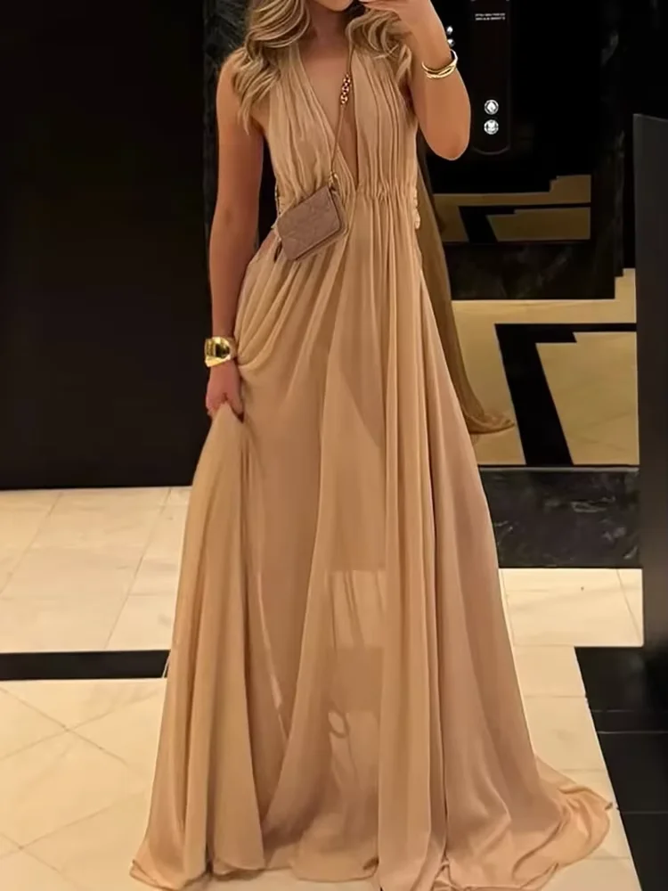 Sleeveless Spring Summer Holiday Maxi Dress, Women O Neck Fashion Chic Party Dress, 2025 Sexy Hollow Out Patchwork Ladies Dress