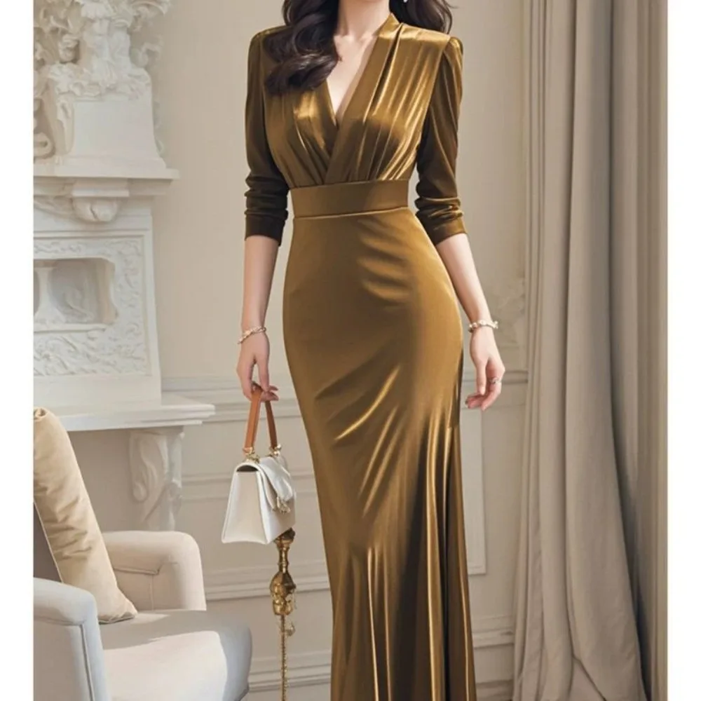 ‌ فستان على الطراز الفرنسي - ذهبي رمادي داكن فاخر، فستان سهرة أنيق، فساتين حفلات أنيقة بأكمام طويلة