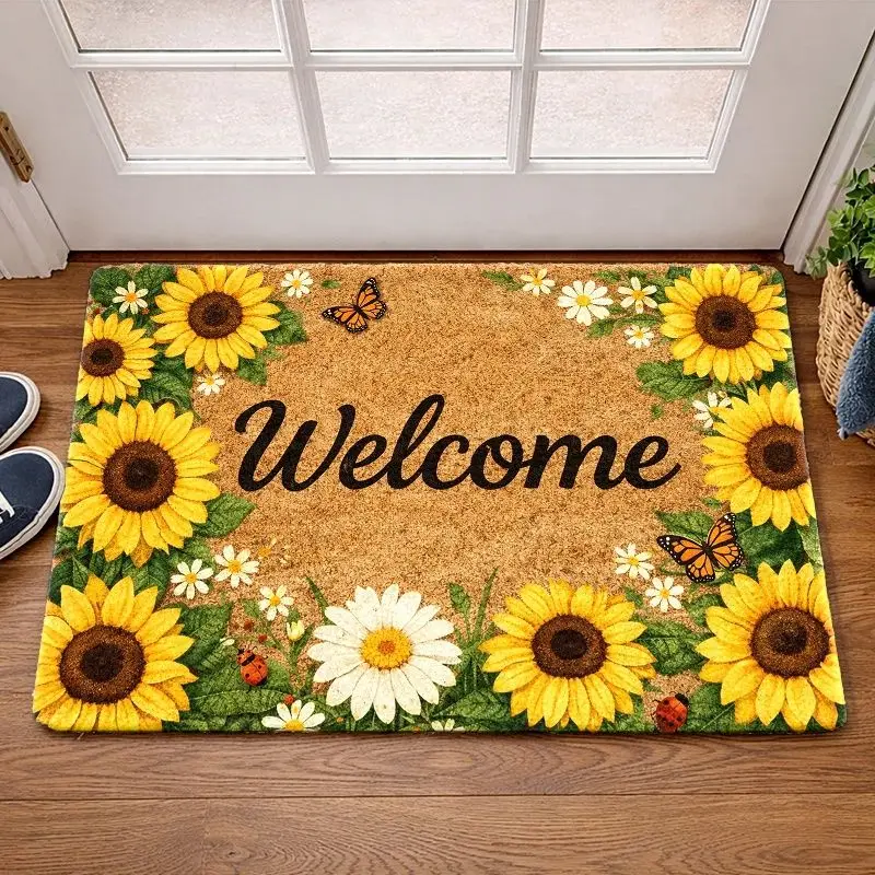 VIKAMA Sunflower Butterfly Daisy Welcome Doormat Non Slip Floor Mat For Entrance Hall Kitchen Bedroom Spring Home Decor