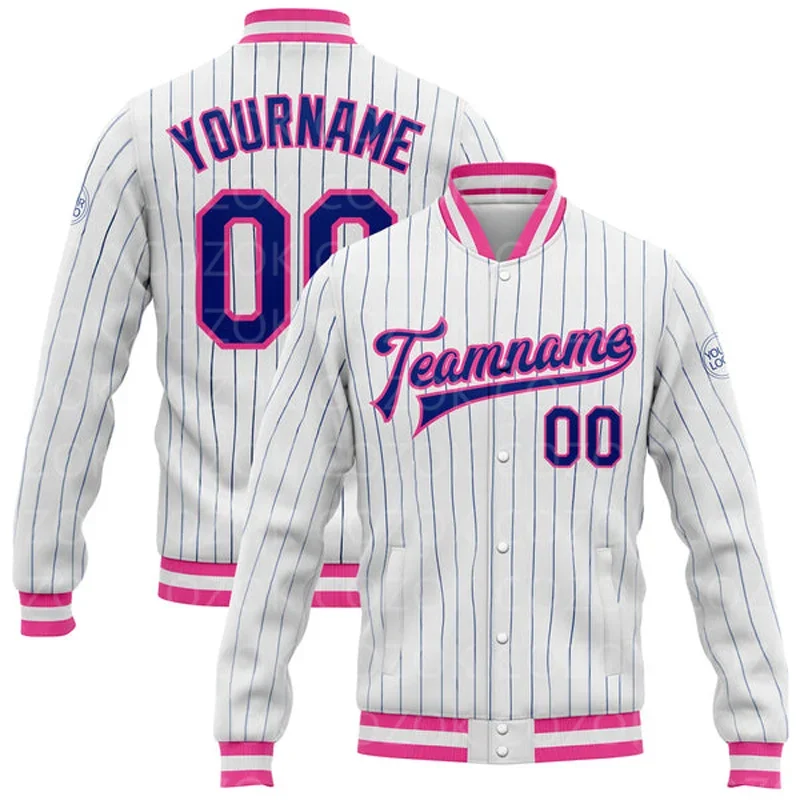 Custom 3D impresso Baseball Button Bomber Jacket, jaqueta Letterman Varsity, jaqueta Full-Snap, branco azul e vermelho cor