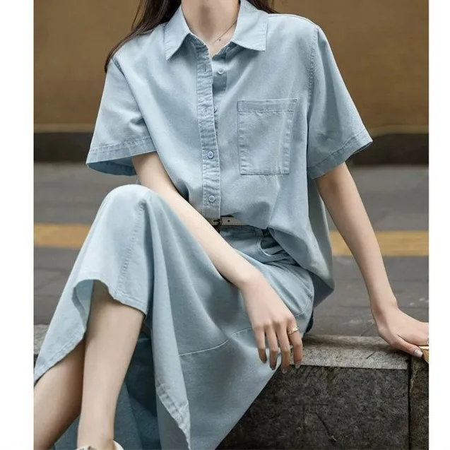 Summer Loose Casual Denim Short Sleeve Shirt And Skirt Set Women's Vintage Style Cotton Polyester Blend Leisure Outfit