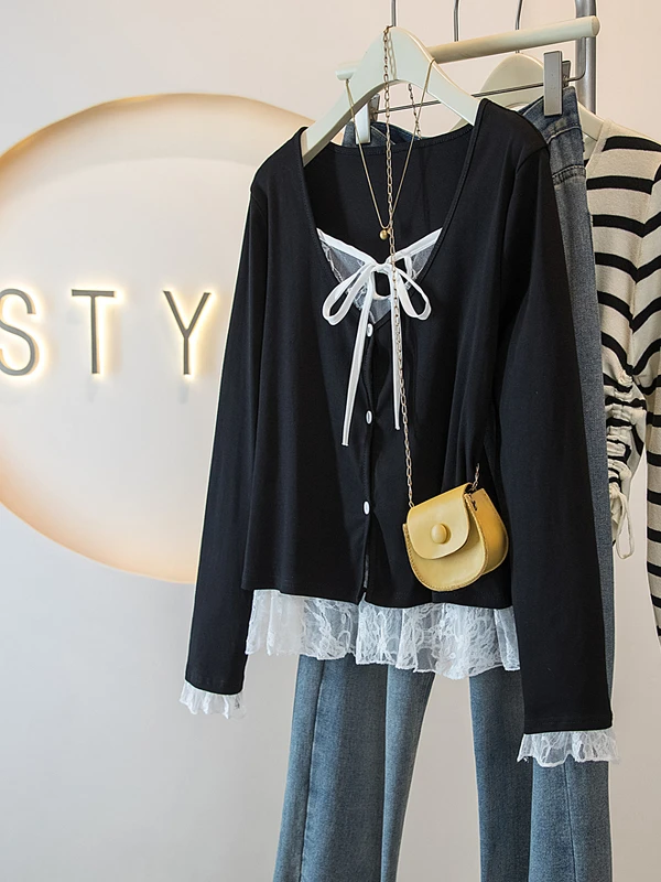 

plus Size Women's Spring 2026 New Lace Splice Long Sleeve T-Shirt Loose Slimming Top Korean Style Commute Fashion