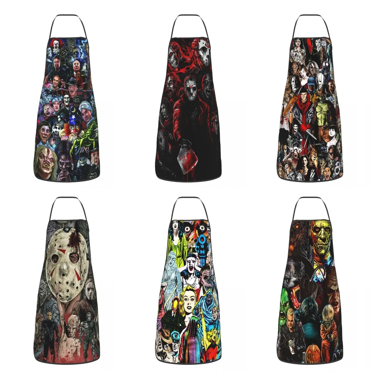 Unisex Horror Movie Character Collage Apron Kitchen Chef Cooking Baking Bib Men Women Halloween Tablier Cuisine for Painting