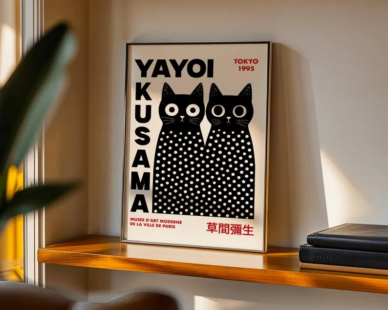 2 Stück/Set Yayoi Kusama Cats Leinwandposter, rahmenloser moderner Pop-Art-Druck, schwarze Katzen-Kunstwerke für Wohnzimmer- und Schlafzimmerdekoration – Detail 5