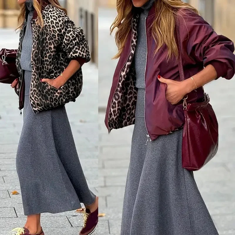 

Модная двусторонняя бейсбольная куртка, женская повседневная короткая верхняя куртка с круглым вырезом и длинными рукавами, осень-зима, элегантные свободные пальто на молнии с принтом