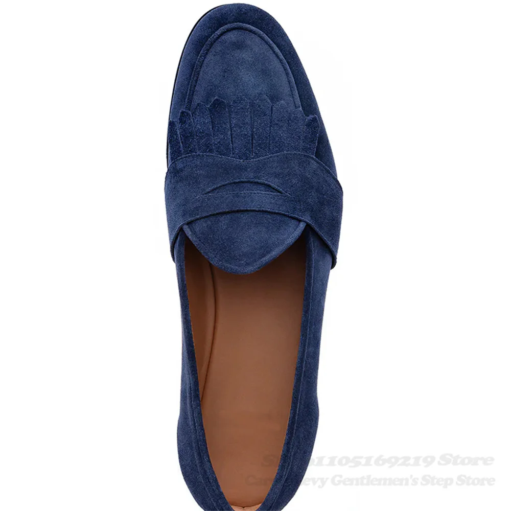 Navy Blue Suede Loafers Men Round Toe Leather Fringed Decoration Slip On Soft Sole Non-Slip Elegant Handcrafted Single Shoes