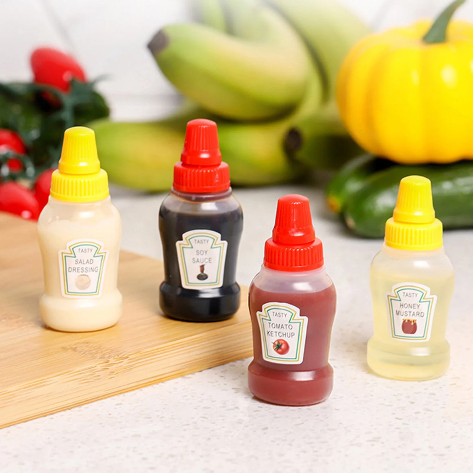 4pcs Mini Tomato Ketchup Bottle Honey Mustard Portable Small Sauce Container Salad Dressing Container Pantry Containers