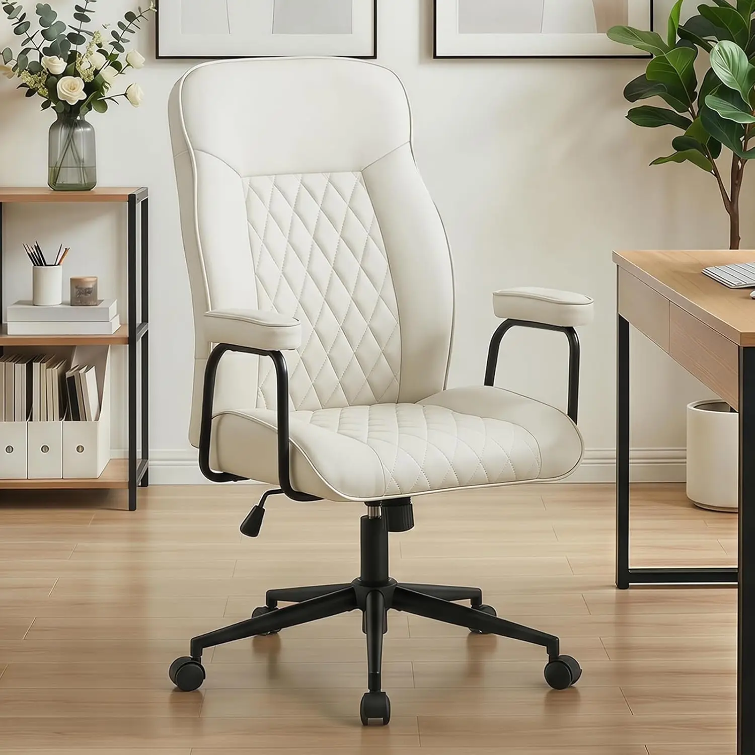 Mid-Back Leather Office Chair with Lumbar Support, Adjustable Swivel Desk Chair with Wheels & Arms, Home Office, Customized