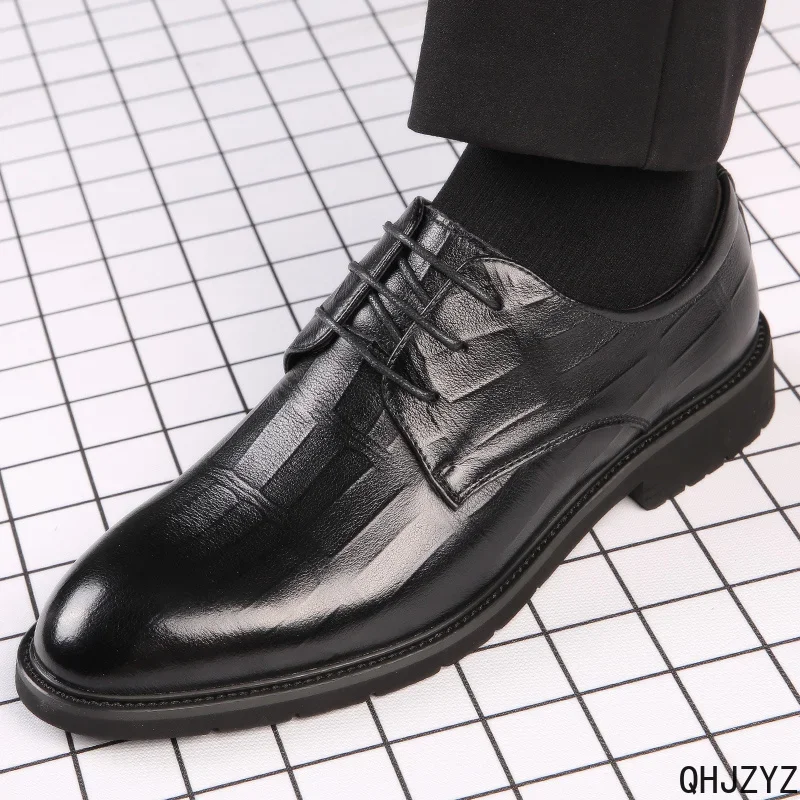 2026 Autumn Men Lace-up Business Casual Faux Leather Shoes Spring Embossed Hidden Heel Dress Footwear Big SIze 50