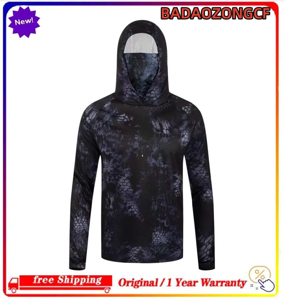 3D Printed Fishing Hoodie Men Black Blue Snake Camo UPF 50 Plus Sun Protection Quick Dry Gaiter Mask Long Sleeve Outdoors Shirts