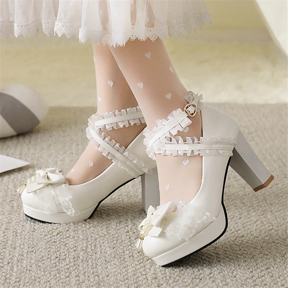 New Summer Ladies Platform Heels Bow Lace Princess Mary Jane Cute Lolita Shoes Party High Heel Cross Strap Buckle Women Pumps