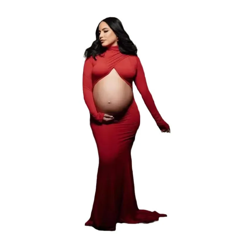 High Neck Slim Elastic Pregnant Women Trailing Hollowed Backless Pregnant Women Photo Photography Long Dress