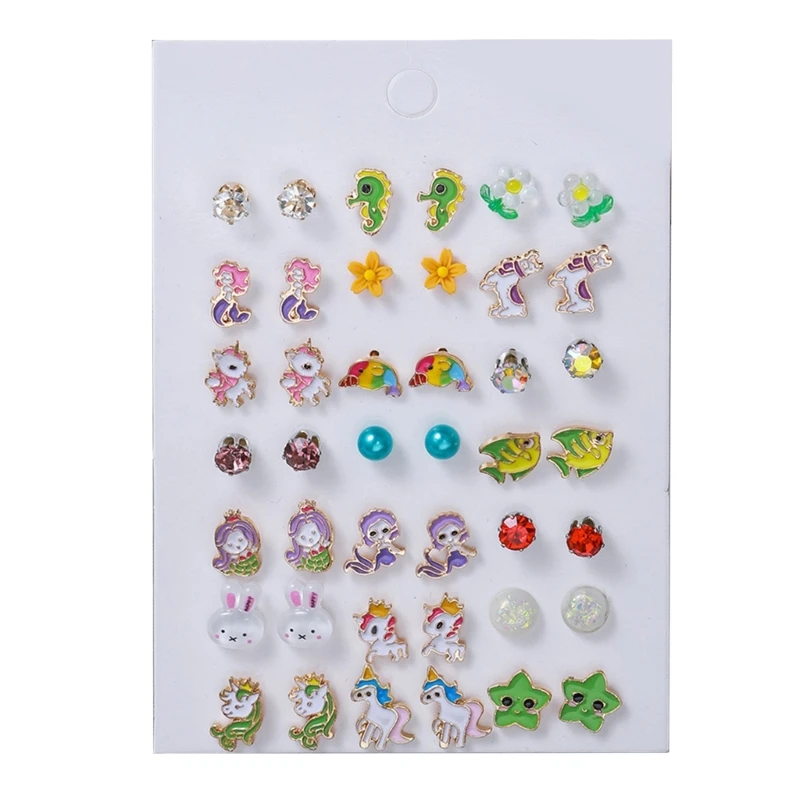 21 Pairs Colorful Sea Small Animal Earrings Cartoon Rabbit Seahorse Flower Earrings Female Metal Earrings