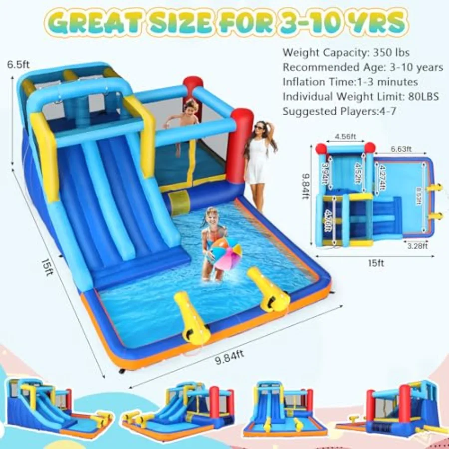 15x9.95Ft Bounce House Water Slide Park للأطفال 3-6، منزل نطاط منزلق مائي قابل للنفخ مع شريحة، حمام سباحة كبير، منطقة رافعة، أزرق