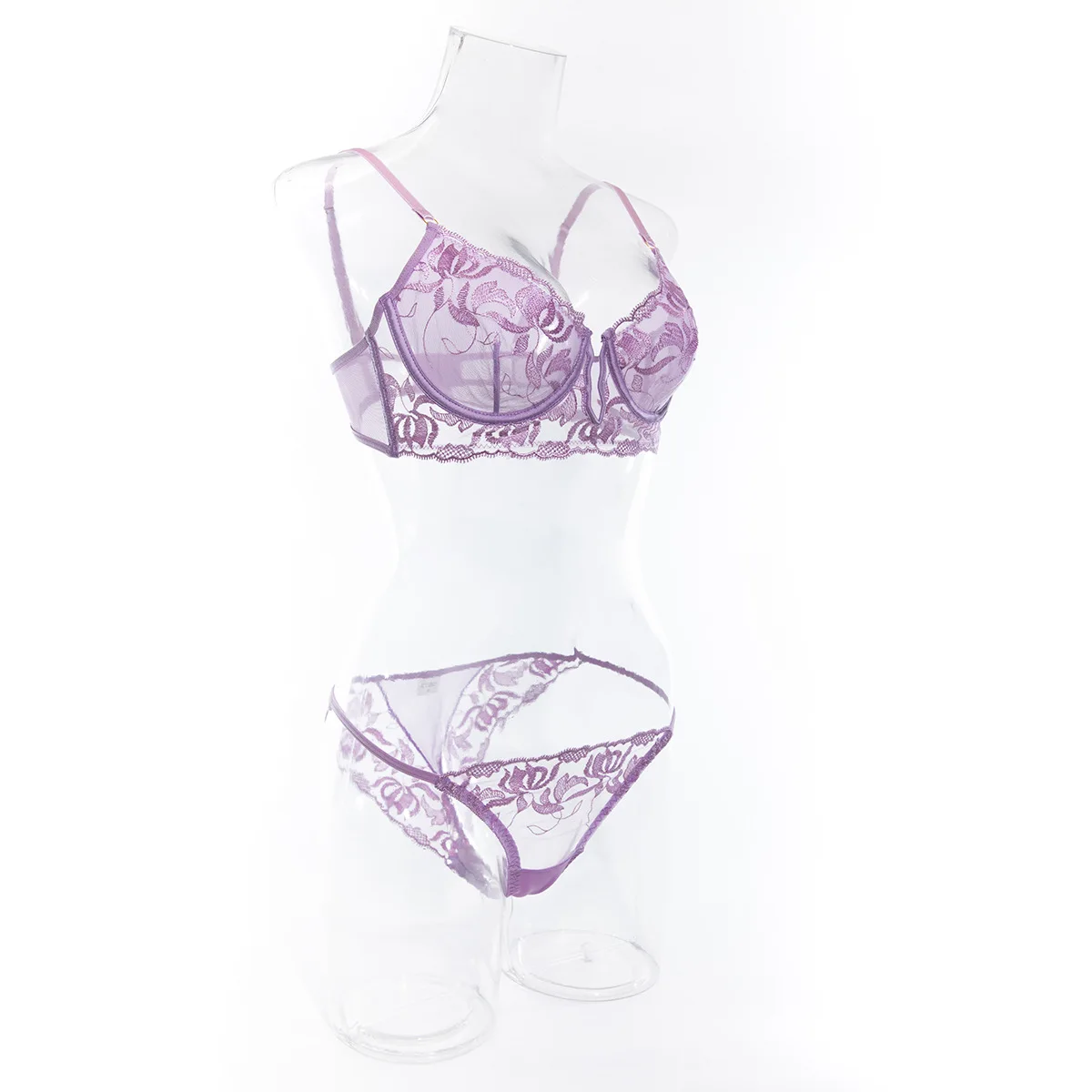 

Fantacy Embroidered Low Cut V Neck Purple Underwire Lingerie Bra with Panty Set Transparent Sexy Underwear