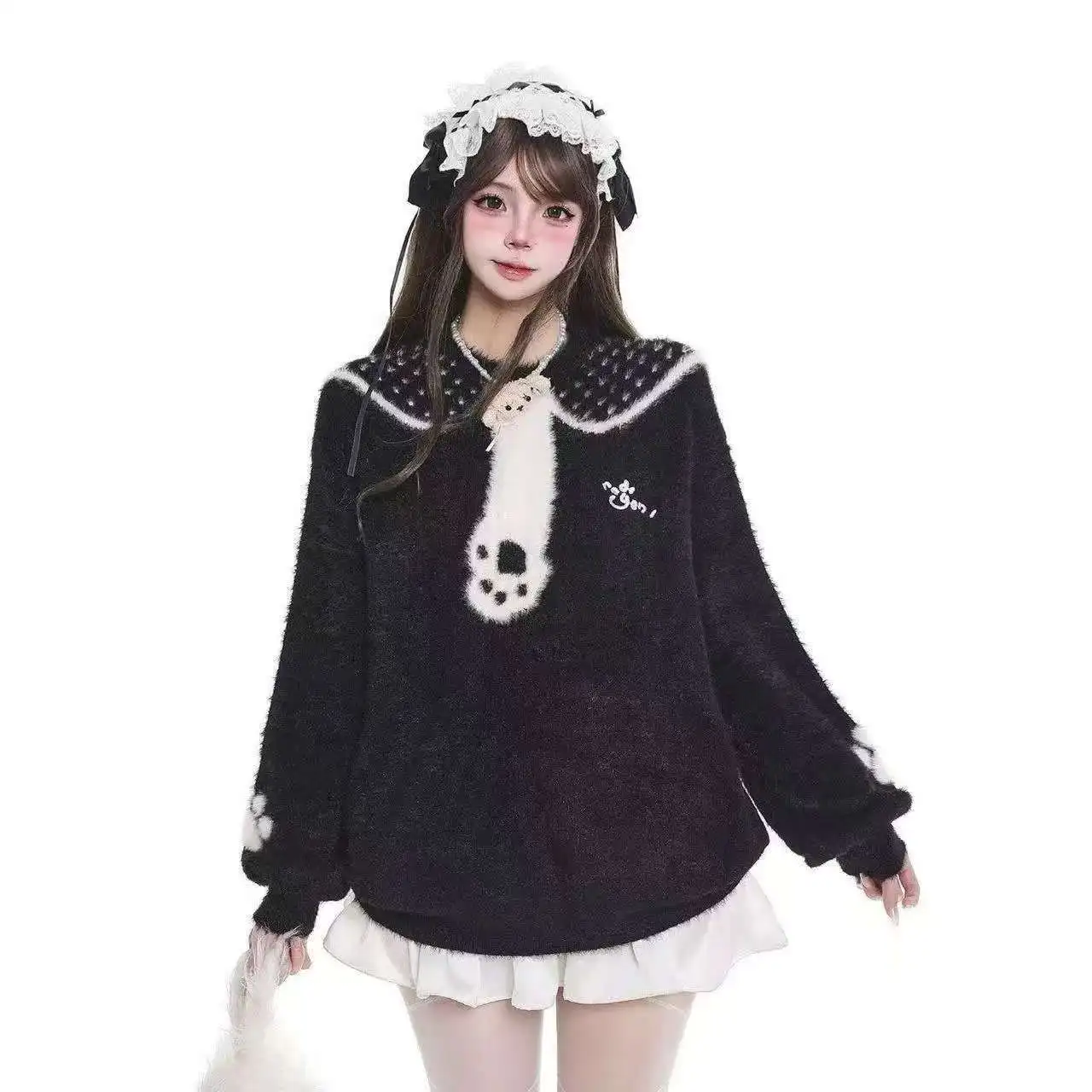 

Японский милый и милый жаккардовый пуловер с кошачьими когтями, свитер для женщин, осенне-зимний свободный свитер