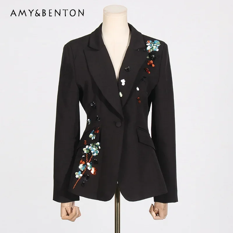 Spring New European American Personality Heavy Industry Sequined Flower Suit Collar Jacket Elegant Solid Color V-neck Slim Coat