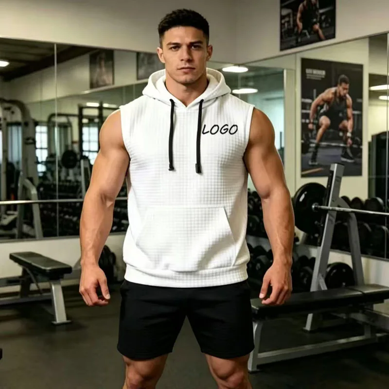 Summer Men Waffle Sleeveless Hoodie Vest Kangaroo Pocket Gym Workout Casual Streetwear Fitness Pullover Tops