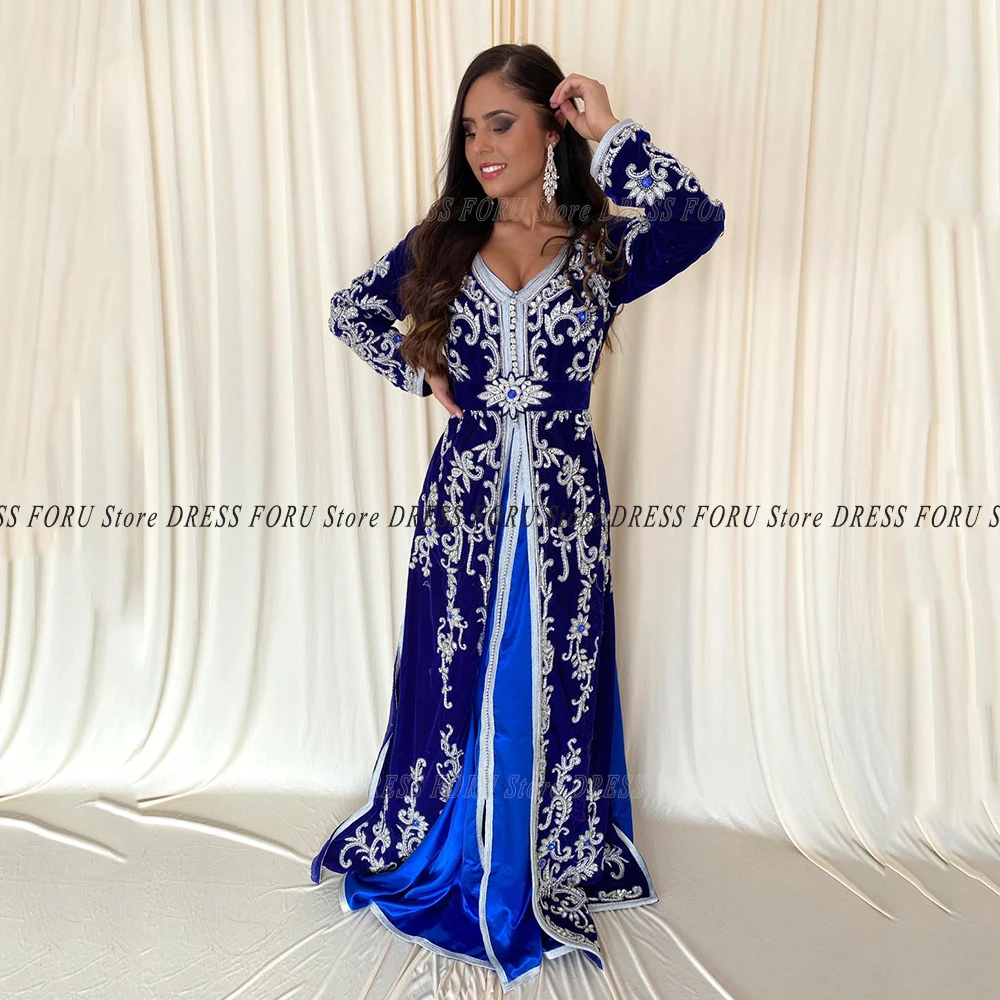 Royal Blue Velour Kaftan Evening Dress Floor Length Embroidery Sashes Long Sleeve Muslim Moroccan Formal Party Gown For Woman