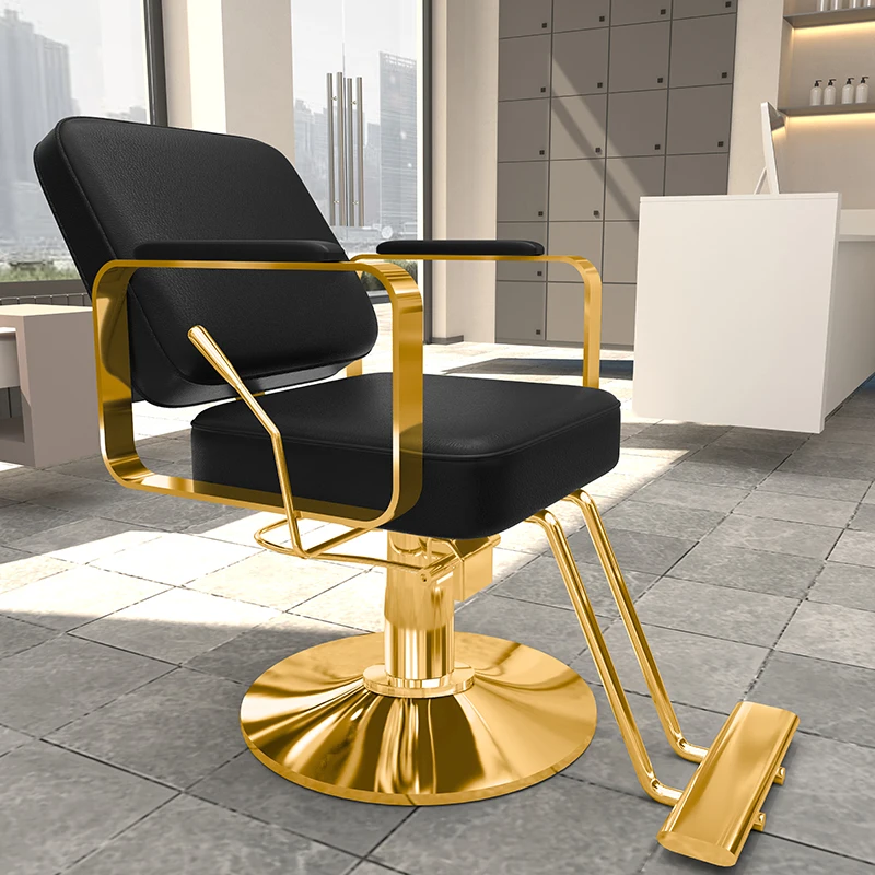 Hair Salon Exclusive Hair Chair Folded Down Raised Lowered Hair Stylist Black and Gold Professional Hairdressing Armchairs Woman