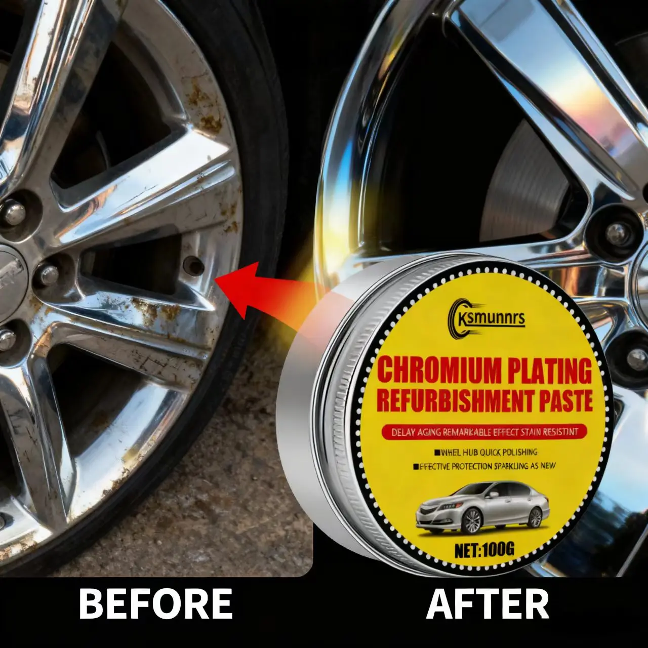 معجون تجديد مطلي بالكروم 100 جرام من Ksmunns: تألق فوري لمحور العجلة - تلميع سريع لمدة دقيقة واحدة، مقاوم للبقع، تأخير الشيخوخة، R #5
