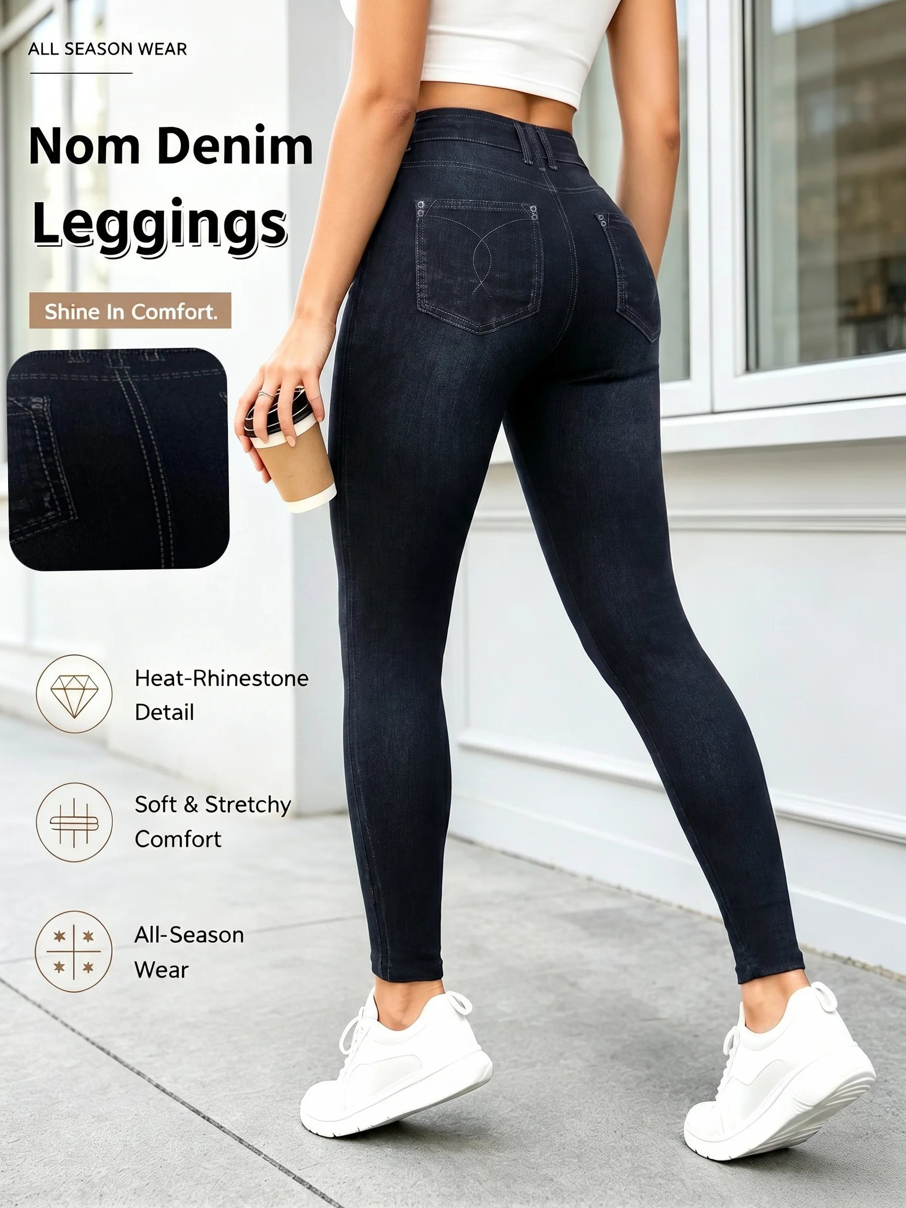 Women's Solid Washed Blue Faux Denim Ankle Leggings Minimalist High Stretch Trousers for Daily Casual Wear