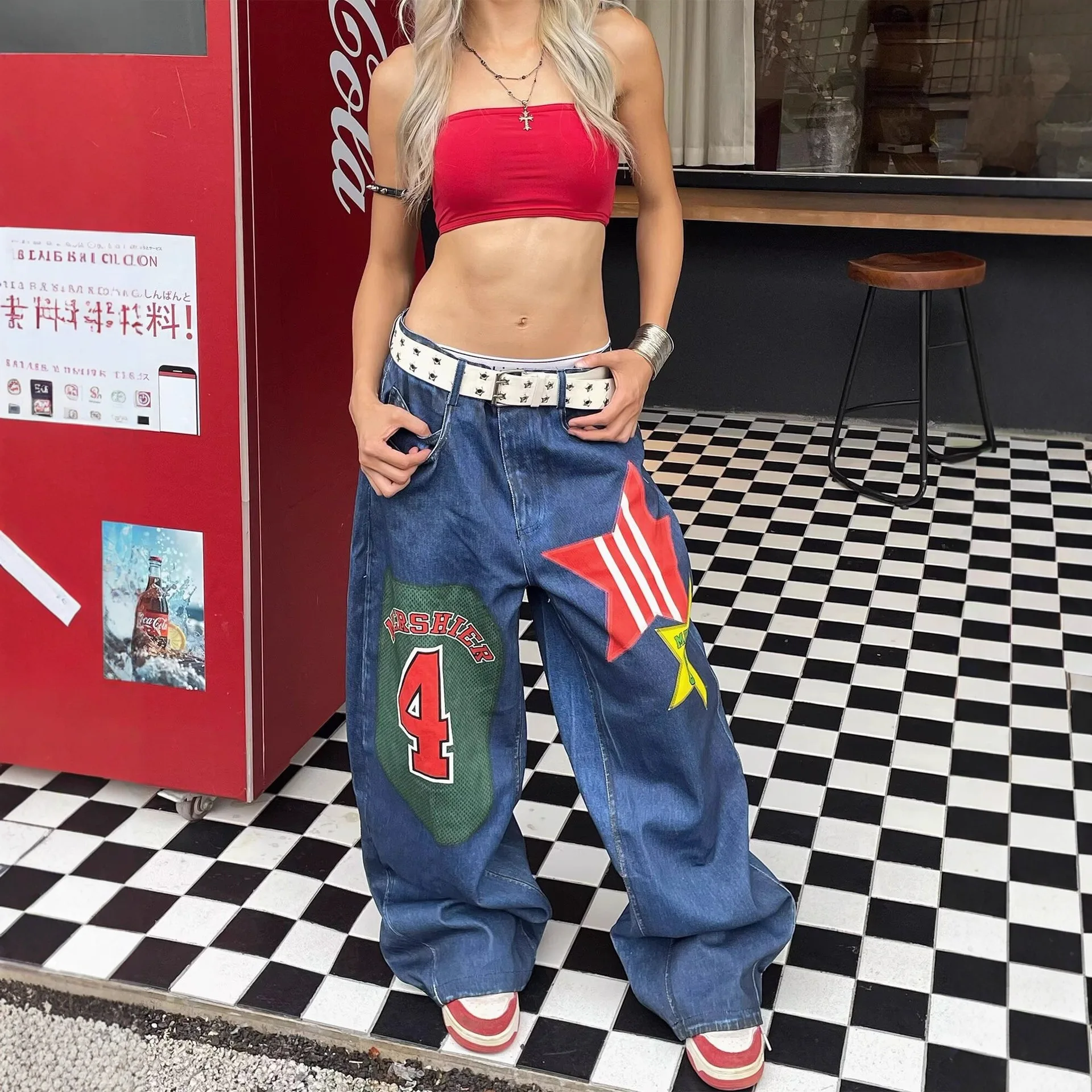 American Style Jeans Big Size Heavy Sticker Fabric Wide Leg Mopping High Waisted Jeans Men and Women Trendy Hip Hop Gothic Pants