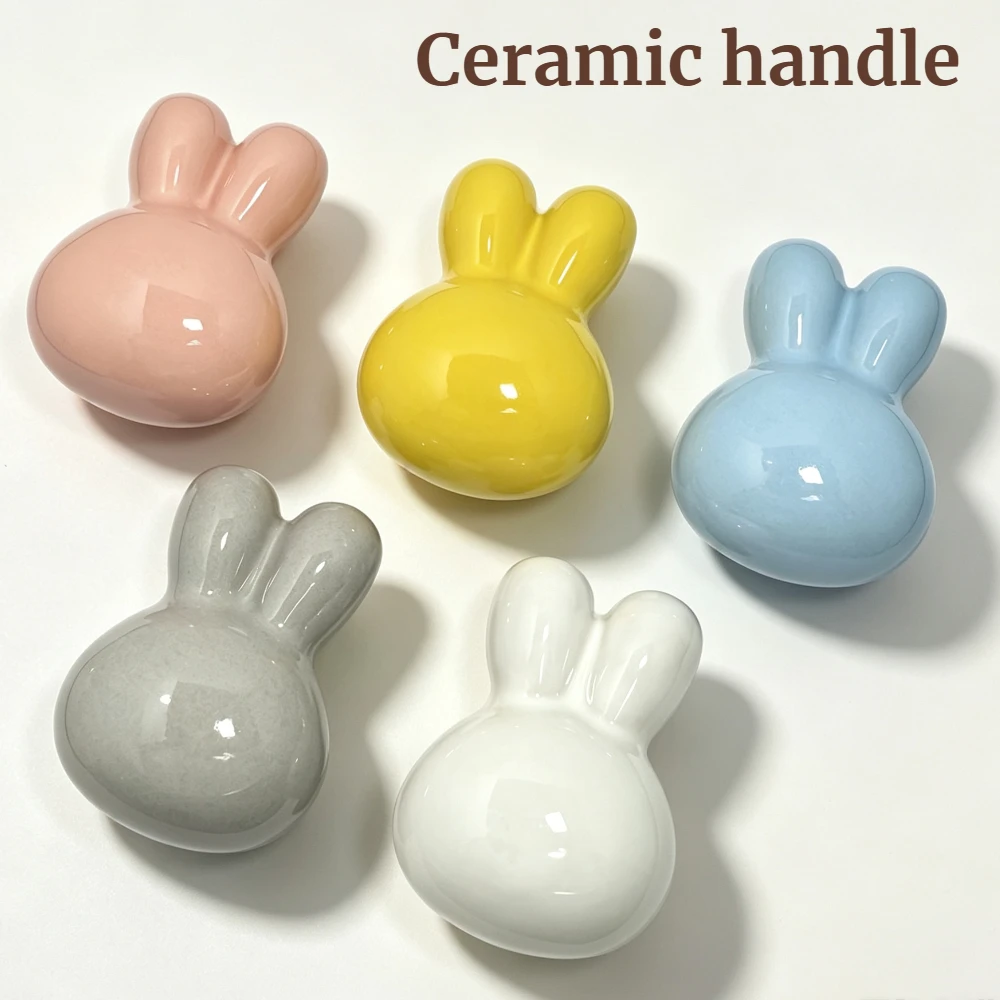 Little Rabbit Ceramic Pull Handle for Wardrobes/Cabinets/Drawers 5 Colors Single-hole Cabinet Door Drawer Furniture Handle