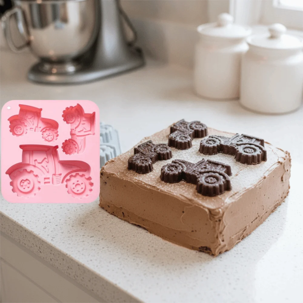 3-Cavity Tractor-Shaped Silicone Cookies Mold Heat/Cold Resistant Farm Theme Chocolate Molds Resilient Easy De-molding