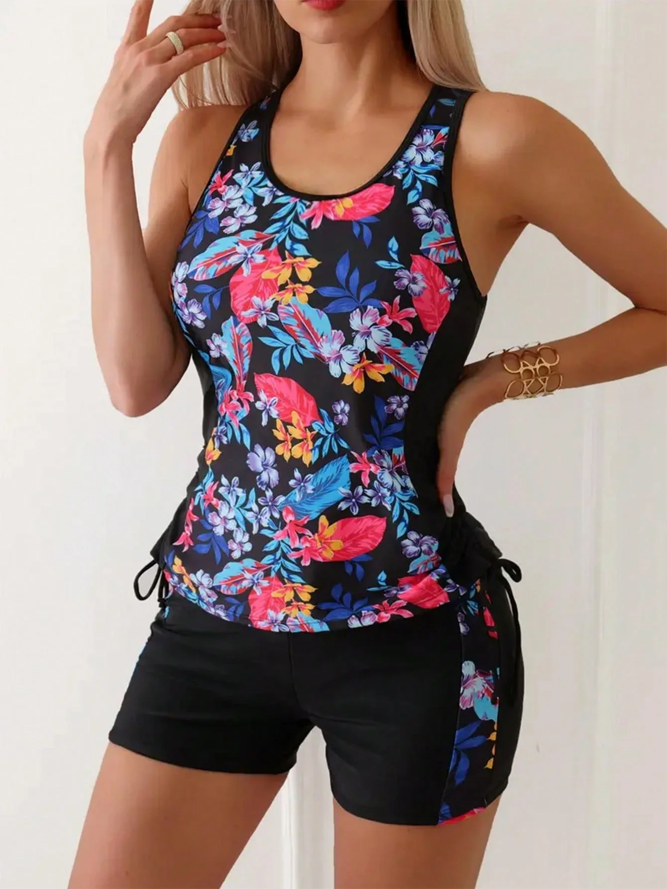 2026 Double Strap Sporty Tankini Set Women Athletic Two Piece Swimsuit with Boyleg Shorts Tummy Control Swimwear Beach Summer