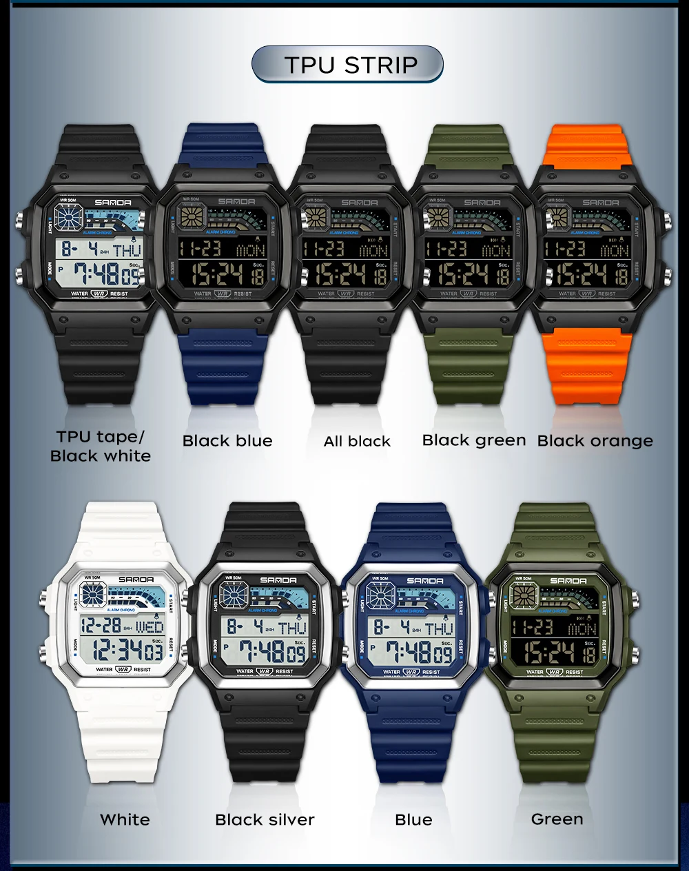 ساعة يد إلكترونية مربعة صغيرة للرجال من Fashion SANDA 6196، عد تنازلي رياضي مقاوم للماء، ساعة رقمية إلكترونية للطلاب