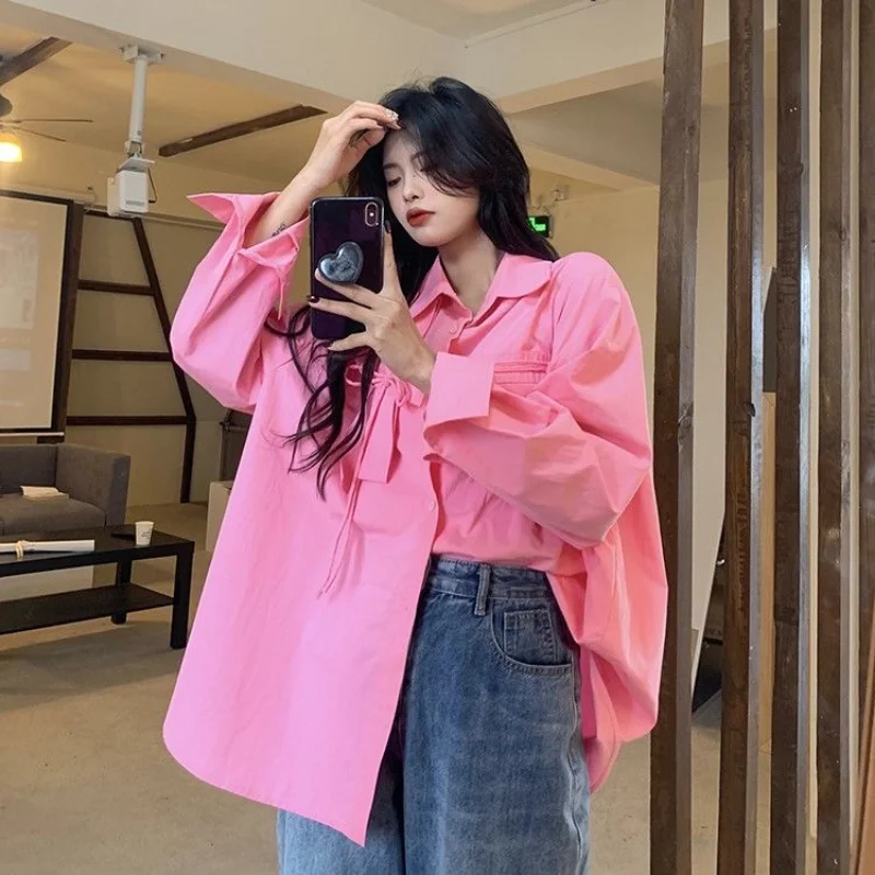 Deeptown White Shirts for Women Elegant and Youth Woman Blouses Korean Fashion Oversized Pink Top Long Sleeve Chic Harajuku Cute