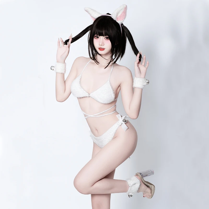 

SENMHS Original White Cute Sheep Cosplay Sweater 3 Piece Bikini Lingerie Hollow Out Design Women Kawaii Set