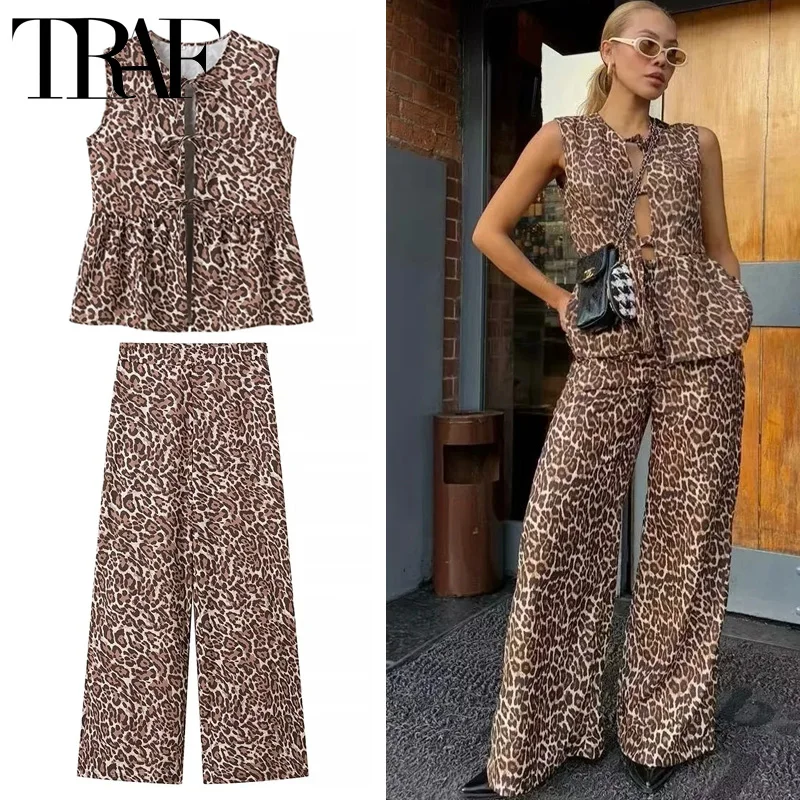 TRAF Leopard Print Set di due pezzi Cut Out Bowknot Vest Top a vita alta pantaloni a gamba larga Set estivo senza maniche vacanza 2 pezzi Set