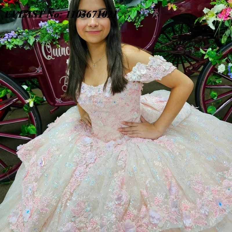 Evlast personalizado rosa quinceanera vestido de baile 3d floral applique frisado em camadas espartilho doce 16 vestidos de 15 anos sq544