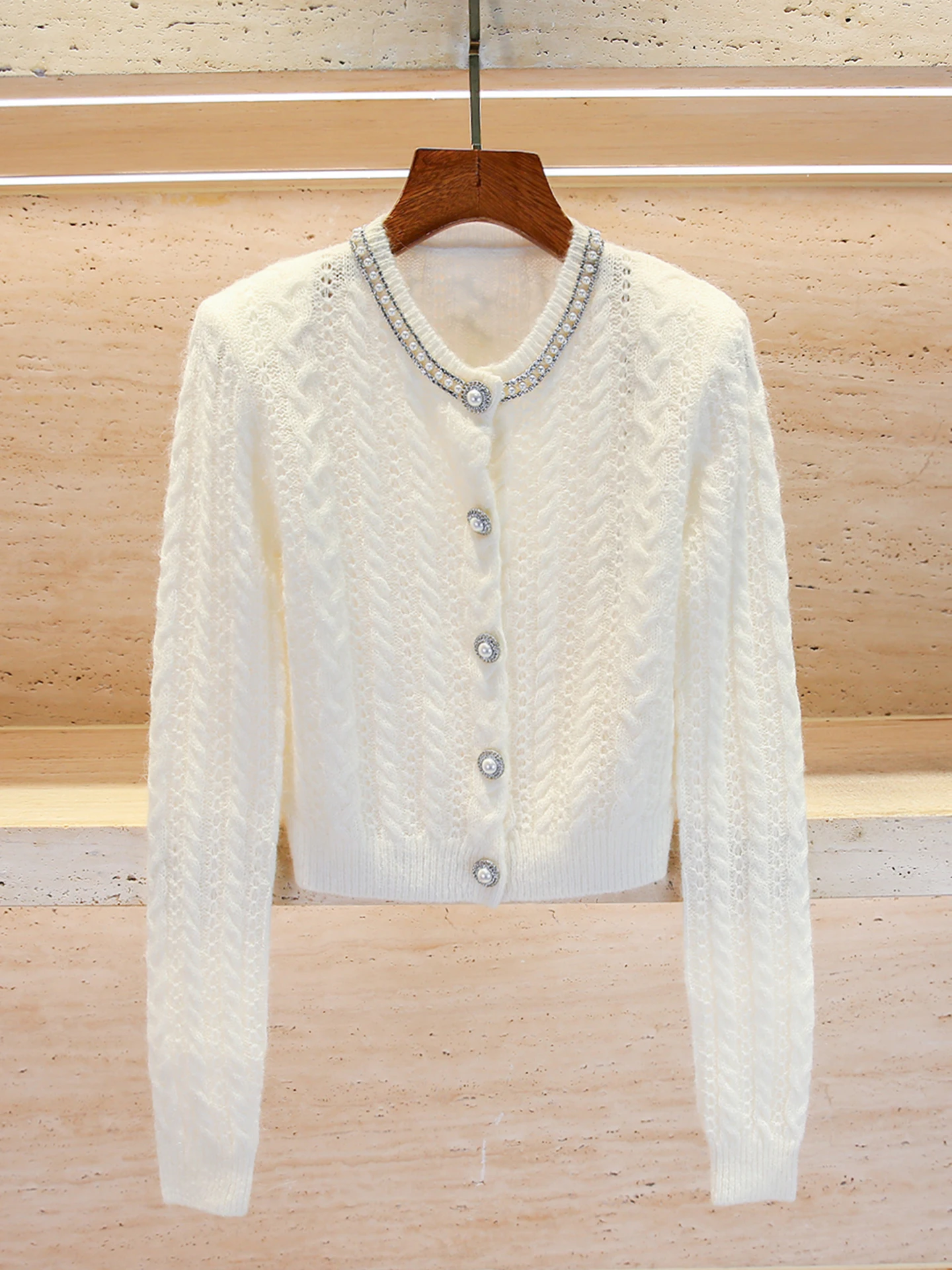 

Вязаный кардиган Ele для женщин: модный, с жемчужной отделкой, ажурный, мягкий, для повседневной носки, укороченный, цветной