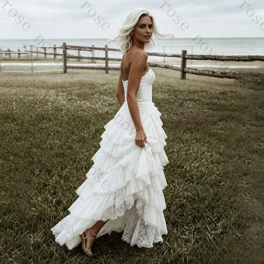 Customized Strapless Lace Wedding Dress High Low Tiered Ruffles Bridal Gown Boho Beach Short White Modest 2026 New Arrival