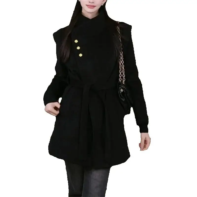 

Шерстяное пальто женское, зима 2025, новые черные, серые, винно-красные пальто, высококачественная толстая верхняя одежда, модный пояс, шерстяная ветровка, пальто