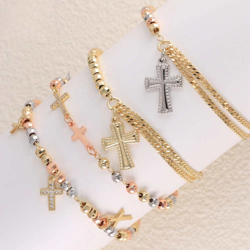 

Ruixi Jewelry Wholesale Fashion New Product Religious Catholic Rosary Three Color Cross Pendant Bracelet