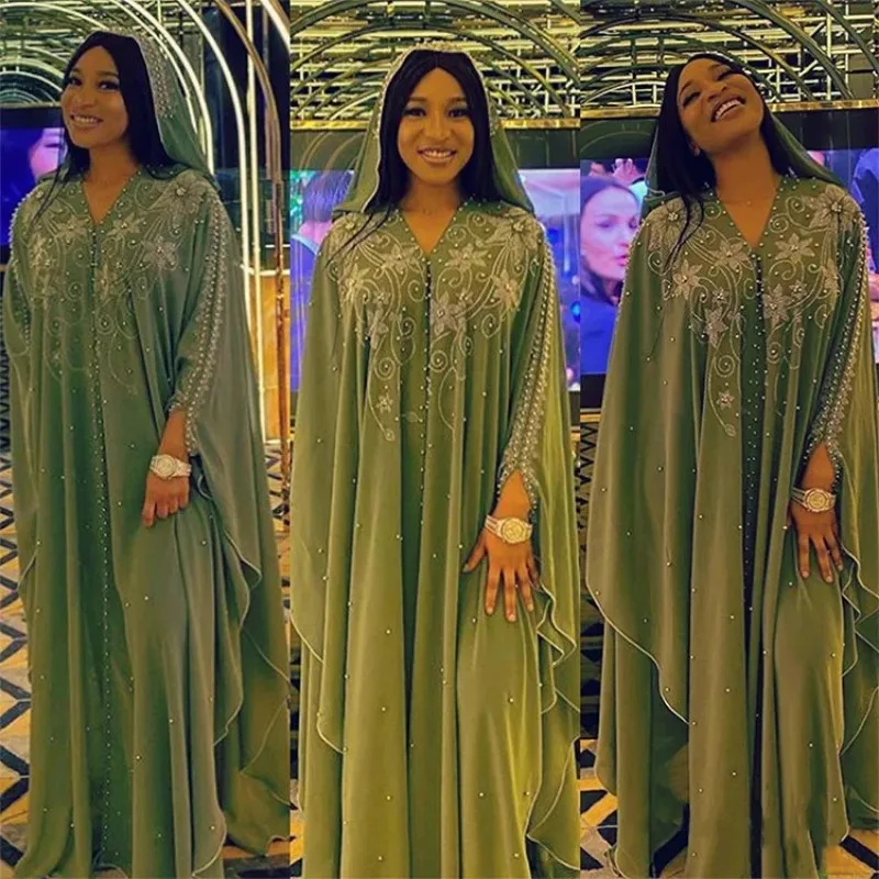 

2025 New Muslim Robes Ladies Abaya African Dresses for Women Summer Chiffon Pearl Long Maxi Dress Traditional Clothing Plus Size