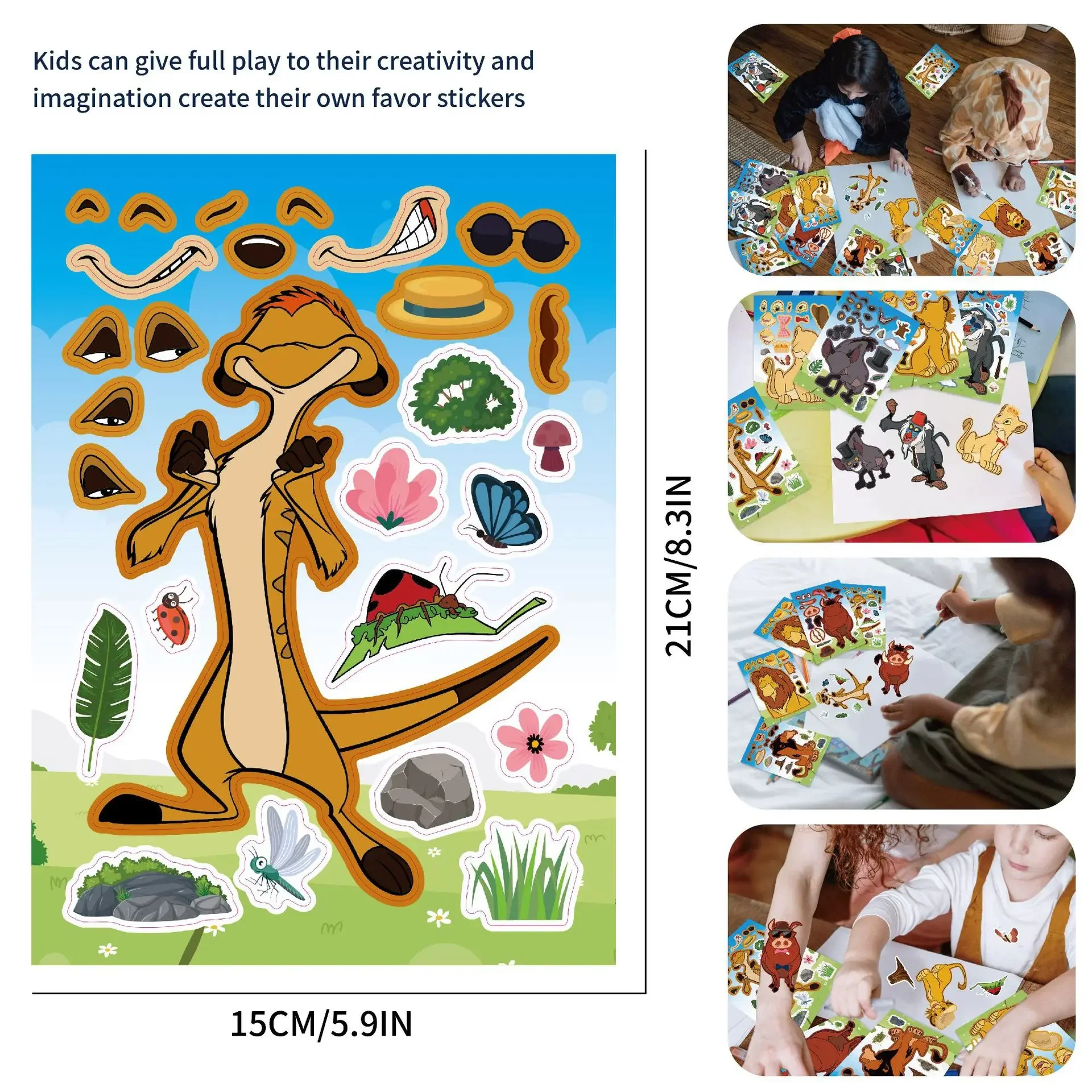 8Pcs Lion King Children Puzzle Stickers Make-a-Face Funny Assemble Jigsaw DIY Cartoon Sticker Kids Educational Toys Gift